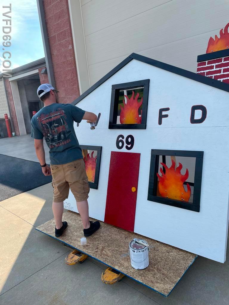 Members Built this fire prevention prop. It will be used for children at public events to spray with a fire hose and knock down the flames.